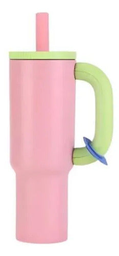Vaso Termico 1.2l Acero Manija Sorbito Tapa 4 Color Botella Rosado Con Verde Moderno Con Manija Y Sorbito