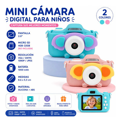 Mini Cámara Digital Infantil 1080p Pantalla 2 Pulgadas Rosa
