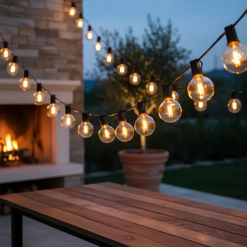 Guirnalda Guía Luces Led Cálidas Exterior 7.5m 25 + 2 Focos Cálido / Ámbar