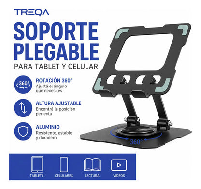 Soporte Base Plegable Tablet Celular Aluminio Ajustable 360 Negro