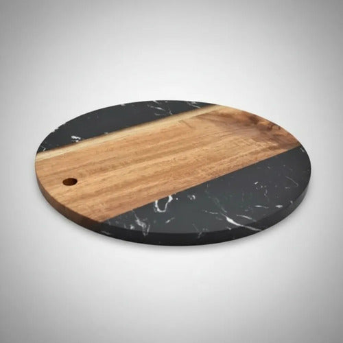 Tabla De Cocina Madera Mármol Picar Servir Redonda 25cm Madera Y Mármol Negro Con Marrón