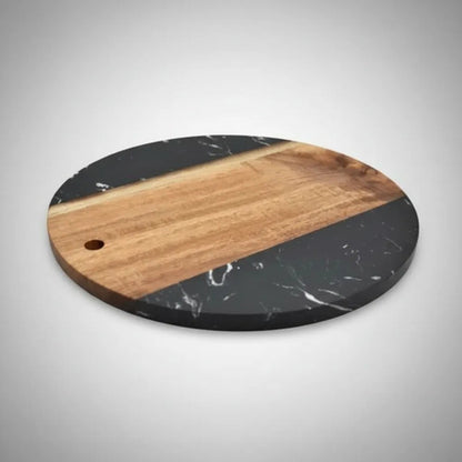 Tabla De Cocina Madera Mármol Picar Servir Redonda 25cm Madera Y Mármol Negro Con Marrón