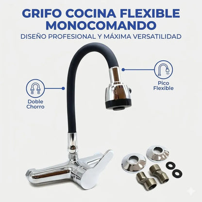 Monocomando Mesada Cocina Canilla Flexible Pared Grifo 20cm Plateado Con Negro