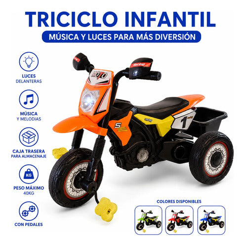 Triciclo Moto Infantil Pedales Con Luces Música Baúl Trasero Azul