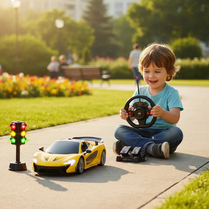 Auto Rc Infantil Volante Pedalera Semáforo Luz Sonido 24cm Rojo