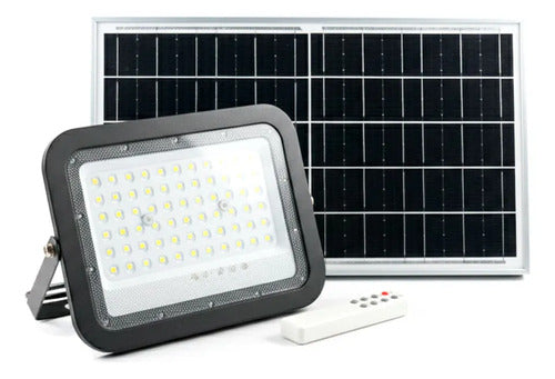 Foco Solar Led 100w Reflector Exterior Con Control Remoto Negro Blanco Frío