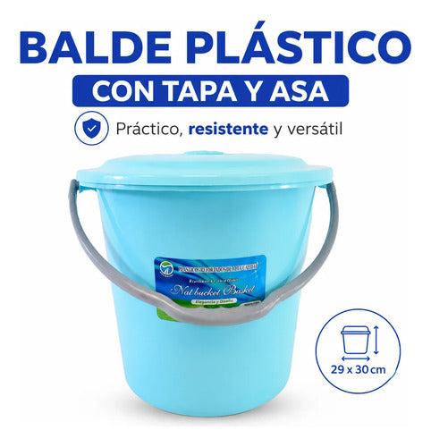 Balde Plástico Tapa Asa 29x30cm Multiuso Manija Baño Jardin Celeste