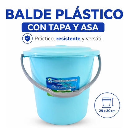 Balde Plástico Tapa Asa 29x30cm Multiuso Manija Baño Jardin Celeste
