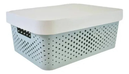 Canasto Plastico Calado Tapa Asas 37x28x15cm Organizador Celeste