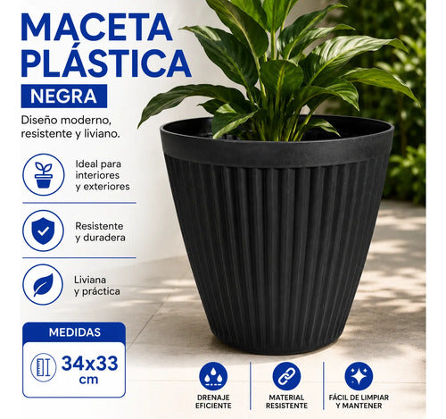 Maceta Grande Plastica Decorativa 34x33cm Jardin Exterior Negro Acanalado Vertical