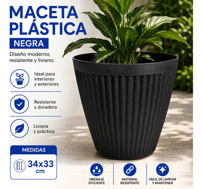 Maceta Grande Plastica Decorativa 34x33cm Jardin Exterior Negro Acanalado Vertical