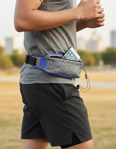 Riñonera Deportiva Porta Celular Ajustable Impermeable Gris Con Azul Liso