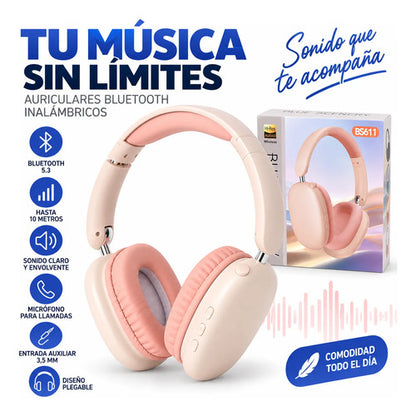 Auriculares Bluetooth Plegables Bs611 Micrófono Rosa