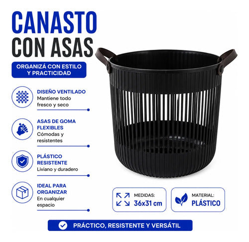 Canasto Cesto Organizador Plastico Multiuso Asa Flexible 36c Negro