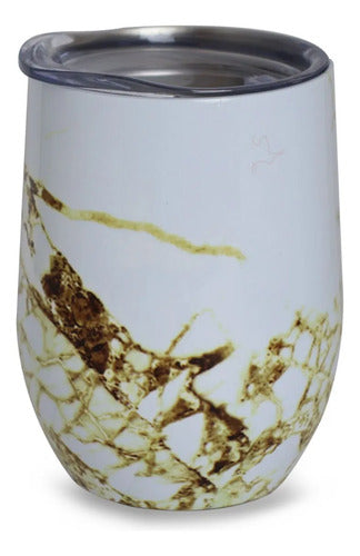 Mate Termico Acero Inoxidable Doble Pared Tapa Presion 320ml Blanco Con Dorado Mármol Blanco Con Vetas Doradas