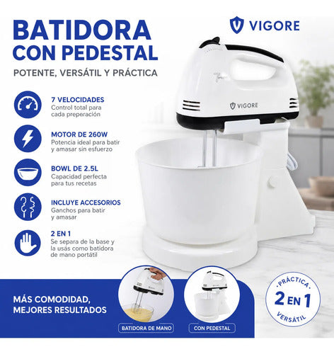 Batidora Mano Pie Pedestal Bowl 2.5l 7 Velocidades 260w Blanco 50/60hz