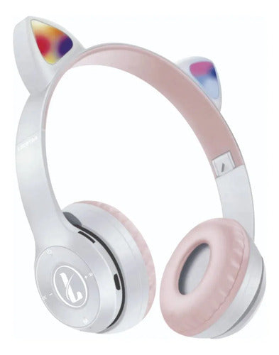Auricular Orejas Gato Vincha Bluetooth Tf Micrófono Infantil Blanco