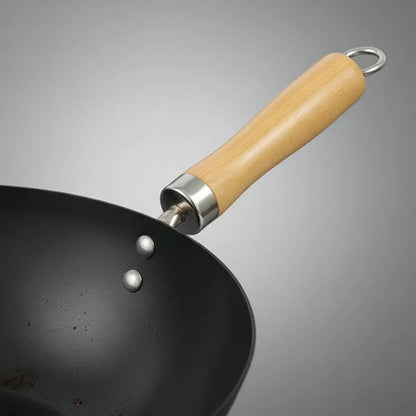 Sartén Wok Redondo Mango Madera Antiadherente Acero Carbono Negro