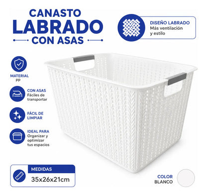 Canasto Cesto Multiuso Organizador Plástico Labrado Asas 35x Blanco