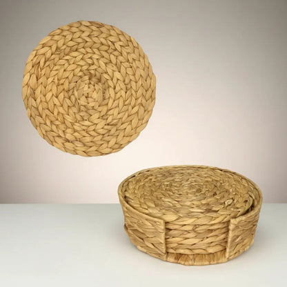 Set Individuales Tejidos Ratán 7 Piezas Cesto Mesa Rattan Amarillo Tejido