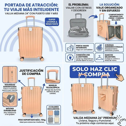 Valija Viaje Rigida 4 Ruedas Colores Puerto Usb 24 Pulgadas Gris Rayas