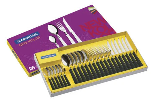 Juego/set De Cubiertos New Kolor X24 Mango Plastico Mesa Negro