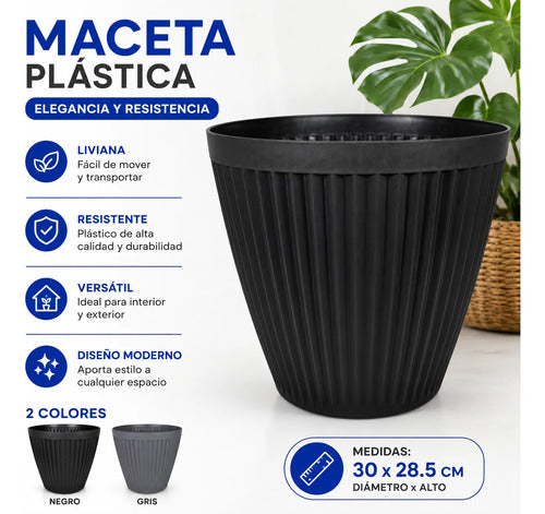 Maceta Plástica Redonda 30x28.5cm Jardín Flores Plantas Gris Negro