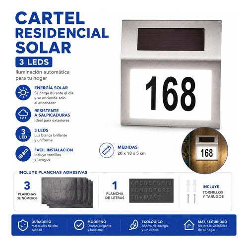 Cartel Solar 3 Led Número Casa Exterior Residencia Domicilio Plateado