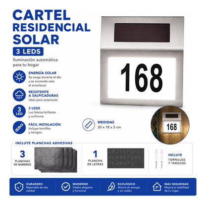 Cartel Solar 3 Led Número Casa Exterior Residencia Domicilio Plateado