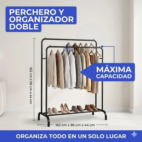 Perchero Doble Organizador Ropa Calzado Metal 162x96 Ropero Negro