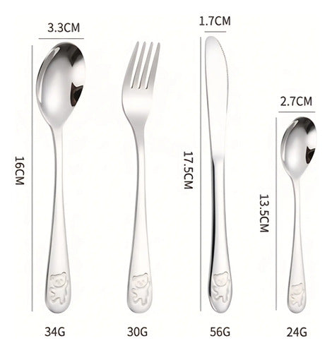Juego De Cubiertos Infantil Para Niños 4 Piezas Acero Inox Plateado