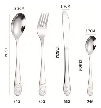 Juego De Cubiertos Infantil Para Niños 4 Piezas Acero Inox Plateado