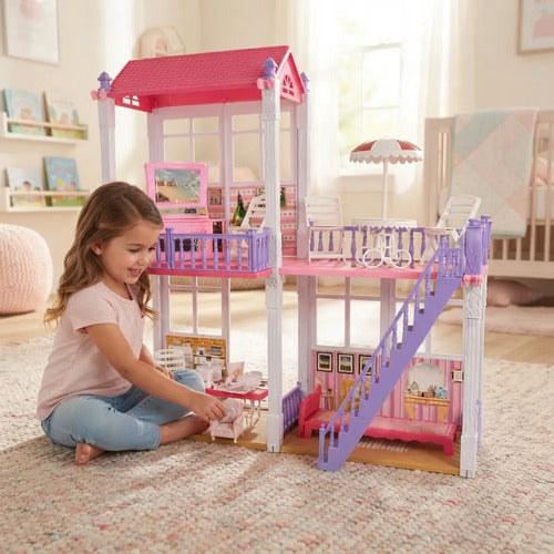 Casa Muñecas Grande 2 Pisos +112 Piezas Accesorios Muebles Rosa