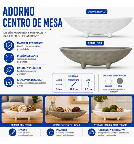 Adorno Decorativo Centro Mesa Plástico 31x11.5cm Moderno Blanco