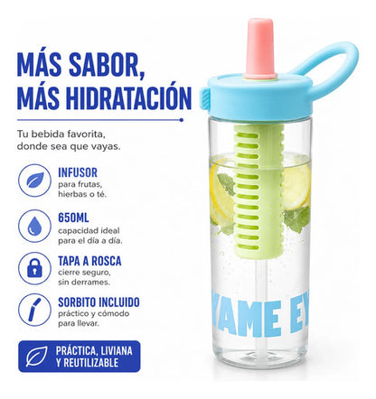 Botella Plástica Deportiva Infusor Tapa 650ml Sorbito Asa Celeste