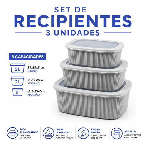 Set Recipientes Cocina Tapa Plasticos 3l 2l 1l Pack X3 Gris
