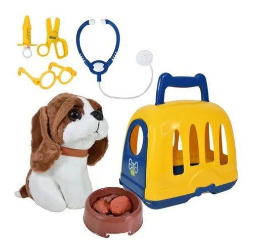 Set Veterinario Infantil Mascota Peluche Jaula Accesorios Amarillo Y Azul