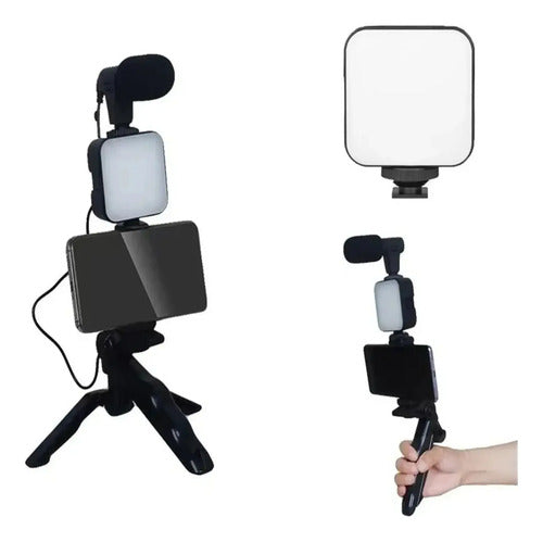 Tripode Soporte Celular Con Luz Led Y Microfono Para Video Negro