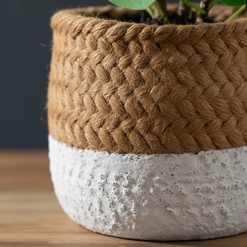 Maceta Cerámica Decorativa Labrada Diseño Yute Rústica 13cm Beige Con Blanco