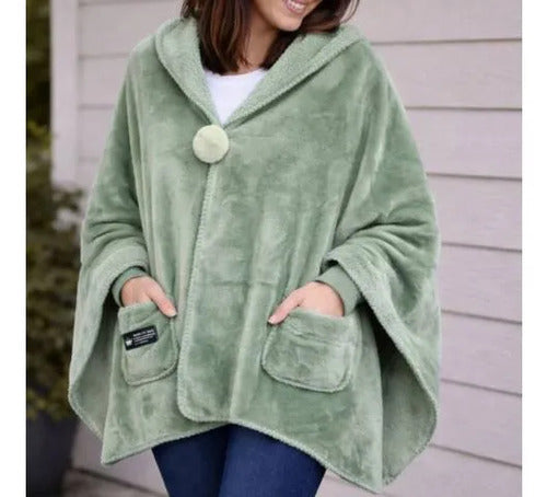 Poncho Manta Corderito Bolsillo 170x65cm Abrigo Frio 450gr Verde Liso U