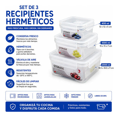 Set De Recipientes Hermeticos Plasticos Pack X3 Piezas Kit Blanco