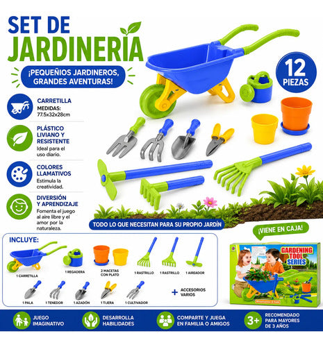 Set Jardinería Infantil Carretilla Herramientas X12 Piezas