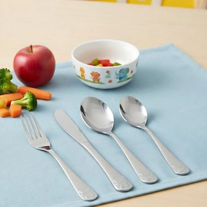Juego De Cubiertos Infantil Para Niños 4 Piezas Acero Inox Plateado