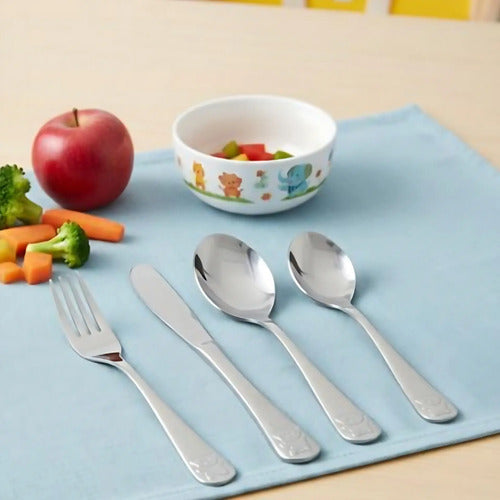 Cubiertos Infantil Para Niños 4 Piezas Acero Inox Plateado