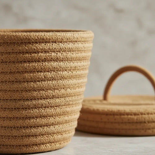Canasto Cesto Organizador Tejido Cuerda Algodón Tapa 12x14cm Marrón