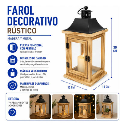Farol Decorativo Rústico Portavelas Madera Metal 30x15x15cm Madera Natural Con Negro
