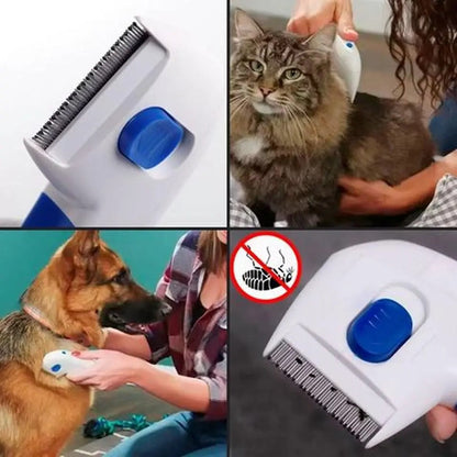 Cepillo Mascota Peine Fino A Pila Mata Pulgas Perro Gatos Blanco Con Azul
