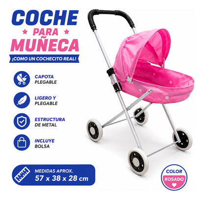 Coche Para Muñeca Plegable Capota Metal Rosado 57cm Rosa
