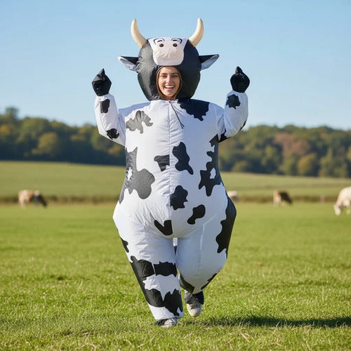 Disfraz Inflable Vaca Adulto Talle M Y L Con Inflador Animal Blanco Con Negro L