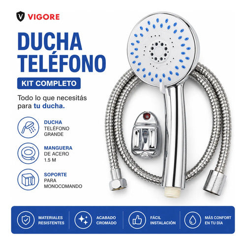 Set Kit Ducha Grande Manguera Soporte Acero 1,5m Monocomando Plateado